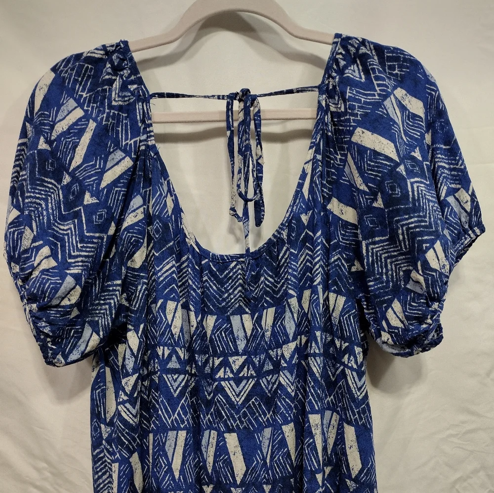 Knox Rose Puff Short Sleeve Tiered Dress Blue Paisley Beach Prairie Size L - Picture 8 of 10